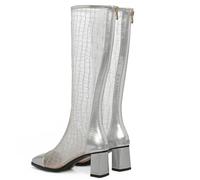 ZaKoonaC Stivaletti da donna con tacco a blocco da 6 cm, seducente stampa coccodrillo, stivali da sera con chiusura lampo, argento, 52 EU