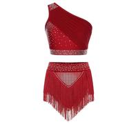 Zaldita 2 Pezzi Abito Danza Lirica Donna con Strass Top Monospalla e Gonna Asimmetrico con Nappa Vestito da Pattinaggio Artistico Ballo Latino Cha Cha Borgogna S