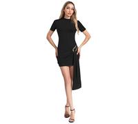 Zaldita Abito Aderente da Cocktail per Donna Mini Vestito Elegante da Sera Manica Corta in Tinta Unita per Cerimonia Compleanno Matrimonio Festa Banchetto Nero M