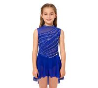 Zaldita Bambina Abito da Ballo Lirico Orlo Asimmetrico in Rete Vestito da Balletto Danza Classica con Strass Body da Pattinaggio Artistico Latino Dancewear Blu 7-8 Anni