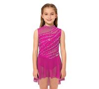 Zaldita Bambina Abito da Ballo Lirico Orlo Asimmetrico in Rete Vestito da Balletto Danza Classica con Strass Body da Pattinaggio Artistico Latino Dancewear Rosa Scuro 13-14 Anni