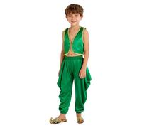 Zaldita Completo Principe Indiano Ragazzi 2 Pezzi Gilet Senza Maniche E Pantaloni Larghi Danza Del Ventre Costume da Arabo Fiaba Halloween Carnevale B Verde 15-16 anni