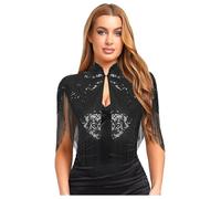 Zaldita Mantella Giacca Donna con Paillettes Frange Cardigan Elegante Vintage Stola Coprispalle Collo Alto da Sera Scialle per Matrimonio Cerimonia Banchetto Nero XL