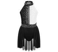 Zaldita Vestito Danza Lirica per Bambina Ragazza Abito da Pattinaggio Artistico senza Manica Abito da Ballo Latino con Strass Body Leotard da Ginnastica Collo Mock Dance Nero&Bianco 9-10 anni