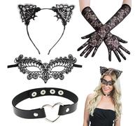 ZALHIN 4 Pezzi Maschera Occhi in Pizzo Nero Maschera da Lupo Sexy per Gli Occhi in Pizzo Gotico con Guanti di Pizzo Ragazza Costume Veneziano Festa