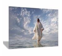 ZAMAEIU parete in tela motivo di Gesù Santo Camminare sull'Acqua Quadri Dio Poster Cattolico Artwork,per ufficio, camera da letto Parete della Camera(bianco133)-30x50cm Incorniciato