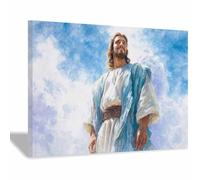 ZAMAEIU parete in tela motivo di Gesù Santo Guardare in Alto verso il Cielo Quadri Dio Poster Cattolico Artwork,per ufficio, camera da letto Parete della Camera(blu173)-80x120cm Incorniciato