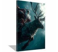ZAMAEIU Pezzi Stampa su Tela Natale Cavalcata sulle renne Poster con scene di regali di Natale invernali, per soggiorno, camera da letto per la casa(blu115)-20x30cm Incorniciato