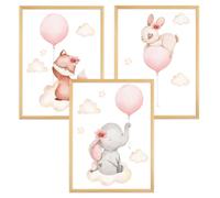 Zamety 3 Pezzi Quadri Cameretta Bambina, Animale Quadri Cameretta Bambino, A4 Quadro Camera da Letto Bambini, Immagini per Quadretti da Parete Neonato, Senza Cornici, 21 x 30 cm