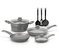 zanetti - DURAPIETRA Batteria Pentole a Induzione 10 pz, 3 Padelle 20, 24, 28 cm, 3 Coperchi, Casseruola 24 cm, Pala Fritto, Schiumarola e Mestolo. Per tutti i piani cottura INCLUSO INDUZIONE.