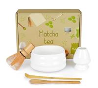 Zanfqvo Set di 5 scope Matcha - Ciotola Matcha in ceramica, Matcha Whisk, 2 cucchiai Matcha, supporto per scope Matcha, accessorio giapponese per Ceremonial Match (bianco)