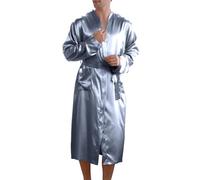 Zanisouta Accappatoio leggero da uomo, lungo, morbido, delicato sulla pelle, raso, biancheria da notte, kimono, colore nero, elegante con 2 tasche, vestaglia con cintura, accappatoio da viaggio, R