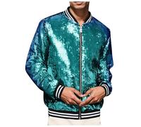 Zanisouta Giacca da uomo con paillettes metallizzate, con chiusura lampo, per Halloween, anni '70, 80, feste, dance, discoteca, metallizzata, lucida, casual, outdoor, autunno, R verde., XXL