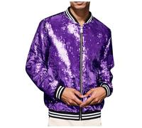 Zanisouta Giacca da uomo con paillettes metallizzate, con chiusura lampo, per Halloween, anni '70, 80, feste, dance, discoteca, metallizzata, lucida, casual, outdoor, autunno, R viola, M
