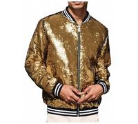 Zanisouta Giacca da uomo con paillettes metallizzate, con chiusura lampo, per Halloween, anni '70, 80, feste, dance, discoteca, metallizzata, lucida, casual, outdoor, autunno, R Gold, L