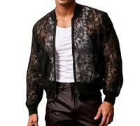 Zanisouta Giacca per le mezze stagioni, da uomo, in pizzo, trasparente, sexy, per il tempo libero, con motivo floreale, a maniche lunghe, in rete, biancheria intima, O nero., XXL