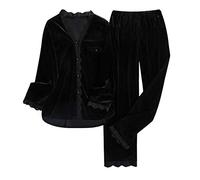 Zanisouta Pigiama da donna in flanella, in pile, in mussola, tinta unita, in velluto, oro ispessito, in due pezzi, con maniche lunghe, cardigan e pantaloni da notte, O nero., L