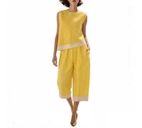 Zanisouta Tuta da donna elegante in lino, 2 pezzi, con scollo rotondo, canotta senza maniche e pantaloni capri, traspirante, tinta unita, O giallo, L