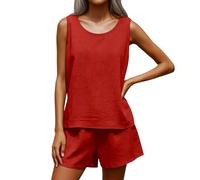Zanisouta Tuta estiva da donna, in mussola, senza maniche, 2 pezzi, canotta e pantaloncini, alla moda, tinta unita, con tasche, traspirante, leggera, per il tempo libero, O rosso., XL