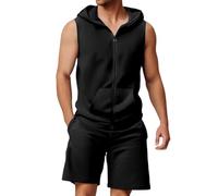 Zanisouta Tuta sportiva da uomo, palestra, 2 pezzi, maglietta muscolare e pantaloncini, set Activewear con cappuccio, traspirante, canotta sportiva da spiaggia, joggers, palestra, top casual da corsa,
