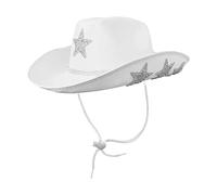 Zanthicia Cappello da cowboy alla moda per donne, adolescenti, festival, cinturino regolabile per il mento, leggero e comodo da indossare, cappello cowboy bianco con pentagrammi e decorazioni a stelle