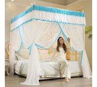 Zanzariera a baldacchino per Letto Matrimoniale con Staffa in Acciaio Inox, Azzurro Cielo 180x220 cm, 4 Angoli, 3 Aperture Laterali, Rete Universale per un'efficace Protezione dagl