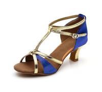 Zapatos de Baile Latino de Suela blanda para practicar en El salón con Tacón Medio para bailar en interiores. (Blue #1, 36)