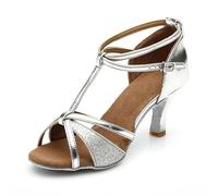 Zapatos de Baile Latino de Suela blanda para practicar en El salón con Tacón Medio para bailar en interiores. (Silver #1, 41)