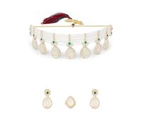 ZAVERI PEARLS ZPFK18857 - Set di collana girocollo e anelli con perline a più fili di diamante austriaco verde per le donne