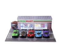 ZAWALUD Diorama 1/64 Parcheggio con Illuminazione LED, Mini Mart Déco, per 1/64 Scala Diecast Modello Auto, Scena Display Modello Collezione Regalo, 5 Posti Auto All'aperto