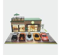 ZAWALUD Diorama 1/64 Parcheggio, Garage Per Auto Giocattolo con Illuminazione LED, Tema Art Déco Coffee Shop, per 1/64 Scala Diecast Modello Auto, Scena Display, 5 Posti Auto All'aperto
