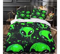 ZAWPPEUIO Green Alien Set Copripiumino morb microfibra 3Pz stampa di 3D con fed Stylized Pop Culture Set Copripiumino con fed per cuscini ultra trasp morb for adulti Super king（260x220cm）