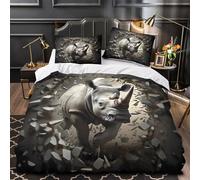 ZAWPPEUIO Rhino Breaking Wall copripiumino 3 Pezzi microfibra traspirante motivo 3D con cerniera Dynamic Animal Set Di Copripiumino cerniera nascosta ultra morbido for bambini Double（200x200cm）