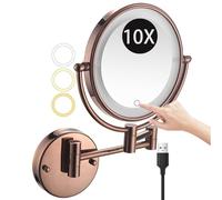 Zayeksole 8" Specchio da Trucco da Parete con Ingrandimento, Oscuramento Touch, 3 Luci Colorate, Ricaricabile Tramite USB, Girevole A 2 Lati, Estensibile, LED, Specchio da Barba,Rose Gold,10X