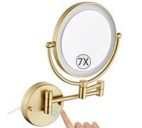 Zayeksole Specchio da Trucco da Parete con luci, Specchio da Barba bifacciale con Spina e dimmer, Specchio cosmetico ingranditore Estensibile a LED per Il Bagno,Brushed Gold,7X