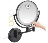 Zayeksole Specchio da Trucco da Parete con Schermo Touch Dimmerabile, Ingrandimento, 3 Luci Colorate, Specchio da Trucco LED Girevole Estensibile su 2 Lati con Spina,Nero,3X