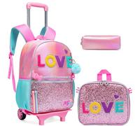 ZBAOGTW Zaino rotolante per ragazze zaino con ruote rotolamento casual per bambini zaini con ruote per studenti elementari zaino scuola con ruote con scatola per il pranzo, Rosa