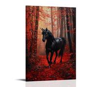 ZBBZJYHH Decorazione artistica da parete con creatura leggendaria, un unicorno nero che cammina attraverso una foresta di foglie rosse incandescenti, poster decorativo da appendere alla parete, 50 x