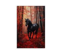 ZBBZJYHH Decorazione artistica da parete con creatura leggendaria, un unicorno nero che cammina attraverso una foresta di foglie rosse incandescenti, poster decorativo da appendere alla parete, 50 x