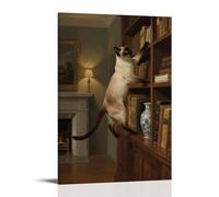 ZBBZJYHH Decorazione artistica da parete con gatto siamese che salta sulla libreria, coda appesa fuori dallo scaffale, poster decorativo da appendere alla parete, 30 x 45 cm
