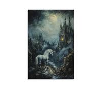 ZBBZJYHH Decorazione artistica da parete con immagine di una creatura leggendaria - Un unicorno che proietta la luce sopra una città perduta nel tempo, poster decorativo da appendere, 50 x 75 cm