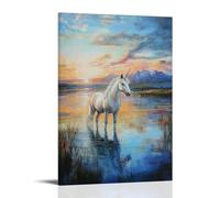 ZBBZJYHH Decorazione artistica da parete con immagine di una creatura leggendaria - Un unicorno che si ferma accanto a uno specchio lago con i desideri dimenticati, decorazione artistica moderna da
