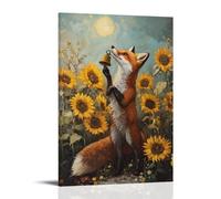 ZBBZJYHH Decorazione artistica da parete moderna da appendere alla parete con insegnante di volpe che suona una campana per la classe in una radura sotto i girasoli, 20 x 30 cm