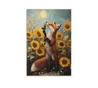 ZBBZJYHH Decorazione artistica da parete moderna da appendere alla parete con insegnante di volpe che suona una campana per la classe in una radura sotto i girasoli, 20 x 30 cm