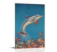 ZBBZJYHH Decorazione artistica da parete moderna da appendere con delfino che sfugge sopra un oceano invisibile, sospeso contro un cielo blu ceruleo chiaro, poster artistico moderno da appendere, 60 x