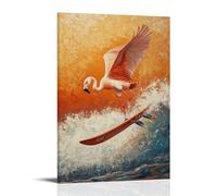 ZBBZJYHH Decorazione artistica da parete moderna da appendere con dipinto a olio di un fenicottero che fa windsurf a tutta velocità con una gamba sollevata sul mare rosso corallo