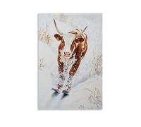 ZBBZJYHH Decorazione artistica da parete moderna da appendere con dipinto ad olio di una mucca che scia con grazia attraverso prati innevati su fondo bianco crema. Poster decorativo da appendere alla