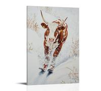 ZBBZJYHH Decorazione artistica da parete moderna da appendere con dipinto ad olio di una mucca che scia con grazia attraverso prati innevati su fondo bianco crema. Poster decorativo da appendere alla