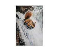 ZBBZJYHH Decorazione artistica da parete moderna da appendere con pittura ad olio di scoiattolo che si tuffa in una cascata con uno sguardo di gioia selvaggia. Poster decorativo da appendere alla