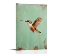 ZBBZJYHH Decorazione artistica da parete moderna da appendere con un colibrì che si libra a mezz'aria su una tela verde menta, ali sfocate contro la quiete del colore. Poster decorativo artistico